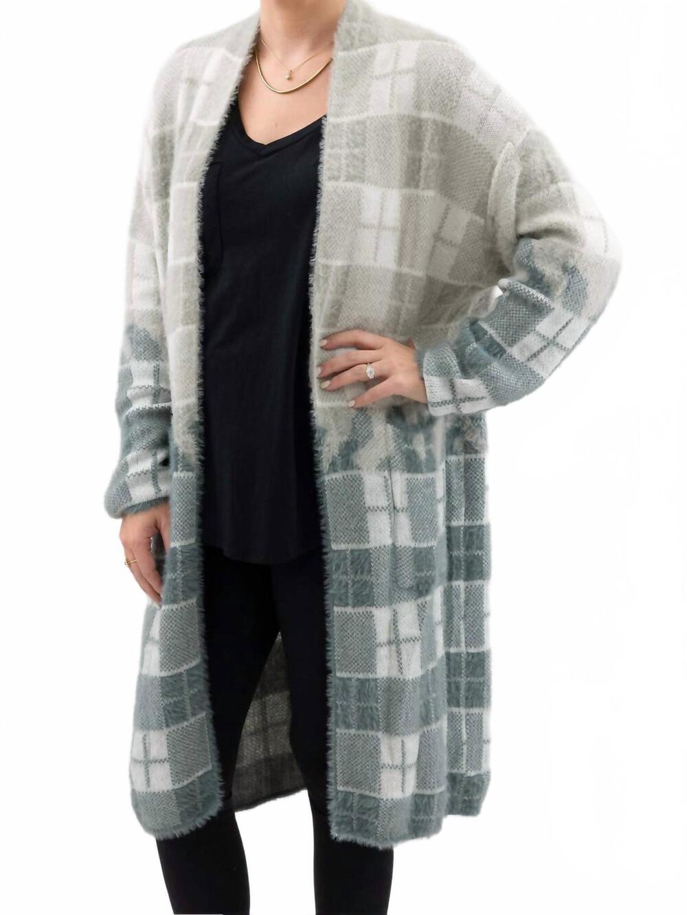 NEW DAVI & DANI plaid fuzzy long cardigan in gray and white